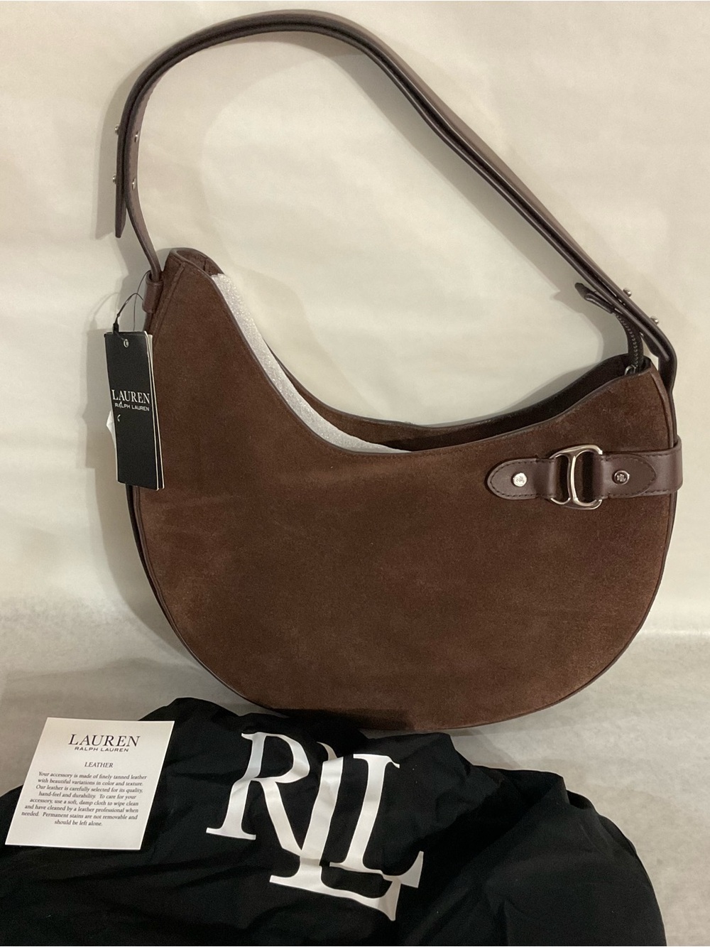 Lauren Ralph Lauren Chocolate Brown Suede Crescent Shoulder Bag